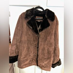 Vintage Gallery Genuine Leather Suede Button Front Coat w/Faux Fur Trim Womens L